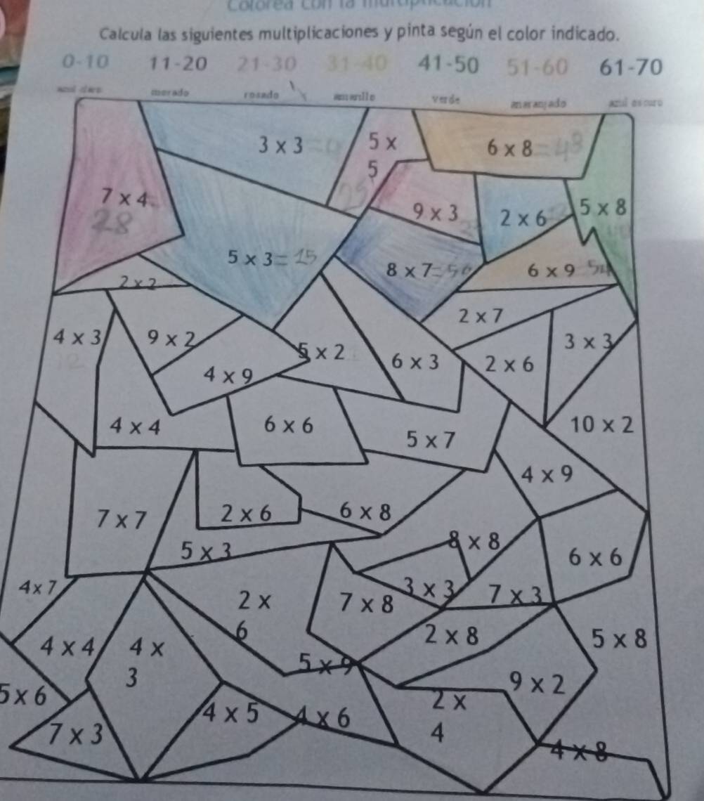 Colorea con ta marop
Calcula las siguientes multiplicaciones y pinta según el color indicado.
4* 7
5* 6