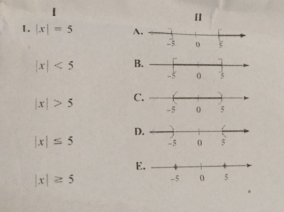 II 
1. |x|=5 A
|x|<5</tex> 
B
|x|>5
C 
D
|x|≤ 5
E
|x|≥ 5