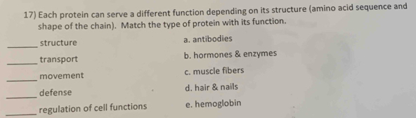 Each protein can serve a different function depending on its structure (amino acid sequence and
shape of the chain). Match the type of protein with its function.
_
structure a. antibodies
_transport b. hormones & enzymes
_
movement c. muscle fibers
_
defense d. hair & nails
_regulation of cell functions e. hemoglobin