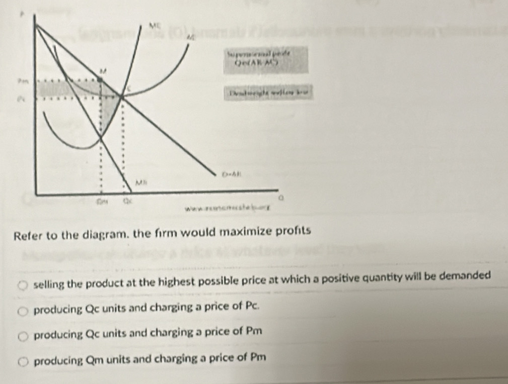 Refer to the diagram. the firm would maximize profts
selling the product at the highest possible price at which a positive quantity will be demanded
producing Qc units and charging a price of Pc.
producing Qc units and charging a price of Pm
producing Qm units and charging a price of Pm