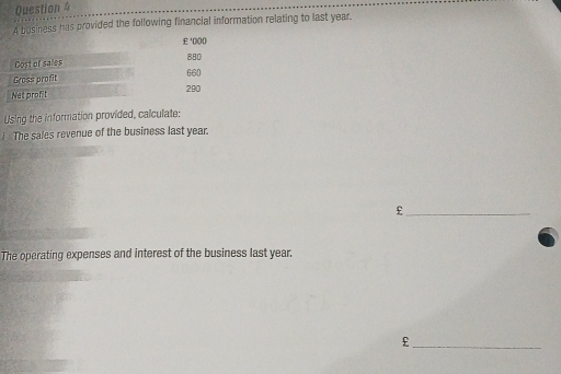 A business has provided the following financial information relating to last year.
£'000
Cost of sales 880
Gross profit 660
Net profit 290
Using the information provided, calculate: 
i The sales revenue of the business last year. 
_£ 
The operating expenses and interest of the business last year. 
_£