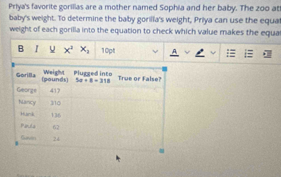 Priya's favorite gorillas are a mother named Sophia and her baby. The zoo at
baby's weight. To determine the baby gorilla's weight, Priya can use the equat
weight of each gorilla into the equation to check which value makes the equa
B I X^2X_2 10pt A