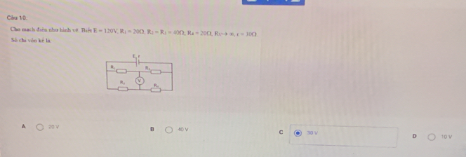 Cho mạch điễn nầ hình về. Biệt E=120V, R_1=20Omega , R_2=R_1=40Omega , R_4=20Omega , R_1to +x_1r=30Omega
Số chi vôn kẻ là
E, r
R: R.
R_1 V
。
A 20 V 40 V C 30 V
10 V