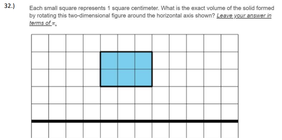 32.) Each small square represents 1 square centimeter. What is the exact volume of the solid formed 
by rotating this two-dimensional figure around the horizontal axis shown? Leave your answer in 
terms of π _=