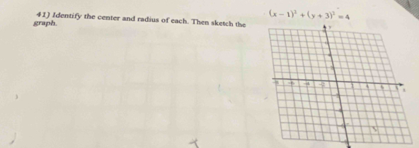 (x-1)^2+(y+3)^2=4
41) Identify the center and radius of each. Then sketch the 
graph.