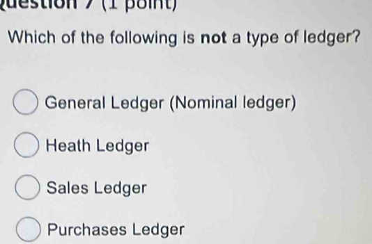 Which of the following is not a type of ledger?
General Ledger (Nominal ledger)
Heath Ledger
Sales Ledger
Purchases Ledger