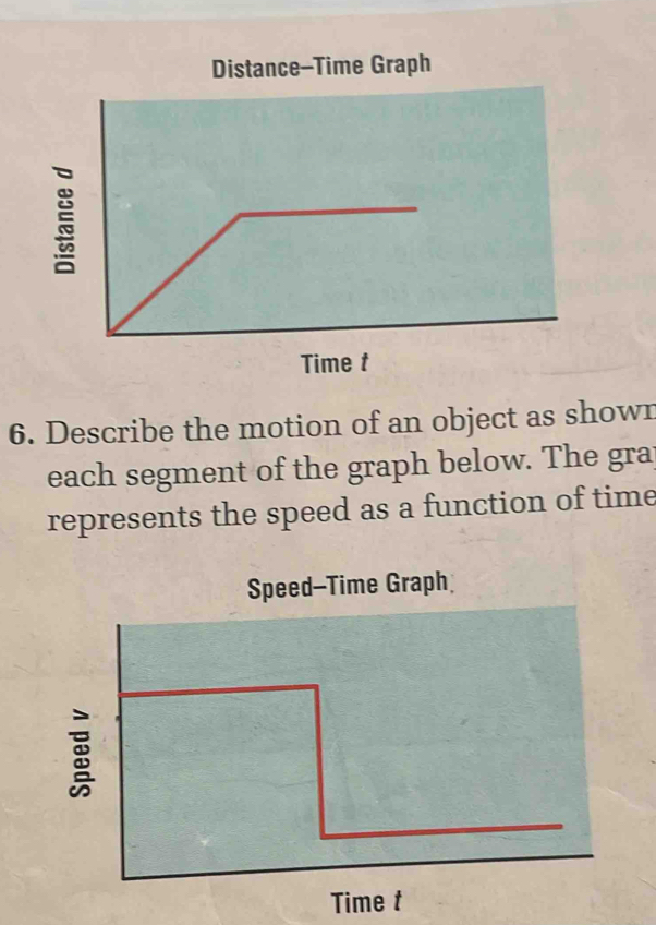 Distance-Time Graph 

6. Describe the motion of an object as showr 
each segment of the graph below. The gra 
represents the speed as a function of time 
Speed-Time Graph