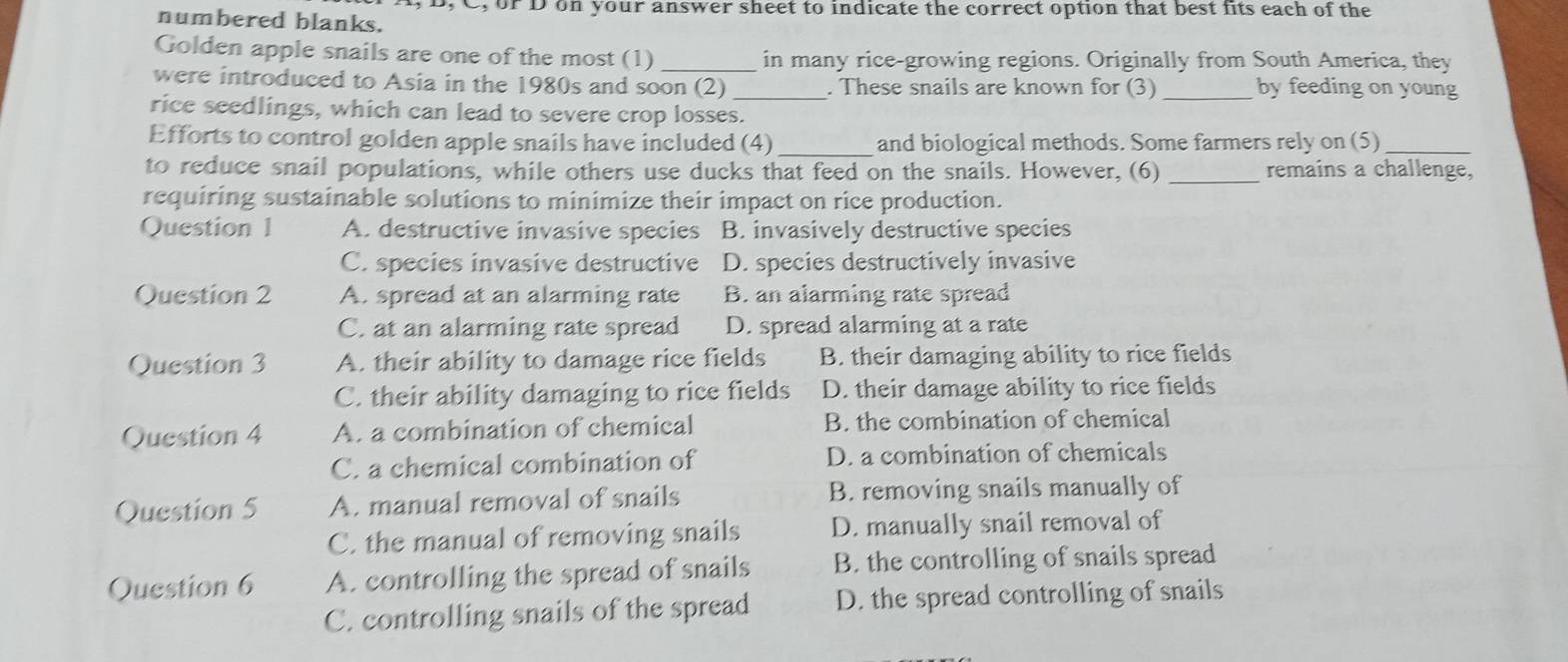 B, C, or D on your answer sheet to indicate the correct option that best fits each of the
numbered blanks.
Golden apple snails are one of the most (1) in many rice-growing regions. Originally from South America, they
were introduced to Asia in the 1980s and soon (2) _. These snails are known for (3) _by feeding on young
rice seedlings, which can lead to severe crop losses.
Efforts to control golden apple snails have included (4)_ and biological methods. Some farmers rely on (5)_
to reduce snail populations, while others use ducks that feed on the snails. However, (6) _remains a challenge,
requiring sustainable solutions to minimize their impact on rice production.
Question 1 A. destructive invasive species B. invasively destructive species
C. species invasive destructive D. species destructively invasive
Question 2 A. spread at an alarming rate B. an alarming rate spread
C. at an alarming rate spread D. spread alarming at a rate
Question 3 A. their ability to damage rice fields B. their damaging ability to rice fields
C. their ability damaging to rice fields D. their damage ability to rice fields
Question 4 A. a combination of chemical B. the combination of chemical
C. a chemical combination of D. a combination of chemicals
Question 5 A. manual removal of snails B. removing snails manually of
C. the manual of removing snails D. manually snail removal of
Question 6 A. controlling the spread of snails B. the controlling of snails spread
C. controlling snails of the spread D. the spread controlling of snails