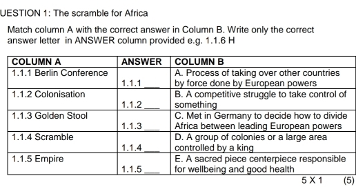 UESTION 1: The scramble for Africa 
Match column A with the correct answer in Column B. Write only the correct 
answer letter in ANSWER column provided e.g. 1.1.6 H
5* 1 (5)