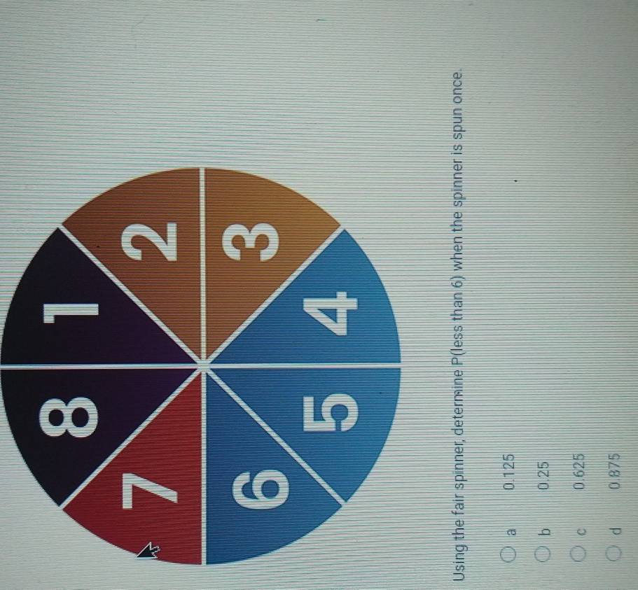 Using the fair spinner, determine P (less than 6) when the spinner is spun once.
a 0.125
b 0.25
c 0.625
d 0.875