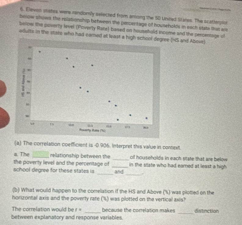 Eleven states were randomly selected from among the 50 United States. The scatterplot 
below shows the relationship between the percentage of households in each state that are 
below the poverty level (Poverty Rate) based on household income and the percentage of 
adults in the state who had camed at least a hie (HS and Above) 
(a) The correlation coefficient is -0.906. Interpret this value in context. 
a. The _relationship between the _of households in each state that are below 
the poverty level and the percentage of _in the state who had earned at least a high 
_ 
school degree for these states is _and 
(b) What would happen to the correlation if the HS and Above (%) was plotted on the 
horizontal axis and the poverty rate (%) was plotted on the vertical axis? 
The correlation would be r= _because the correlation makes _distinction 
between explanatory and response variables.