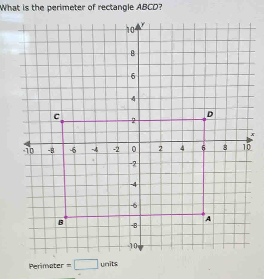 What is the perimeter of rectangle ABCD?
x
Perimeter= =□ units