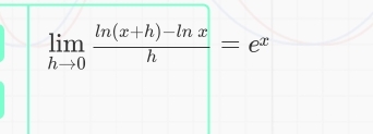 limlimits _hto 0 (ln (x+h)-ln x)/h =e^x