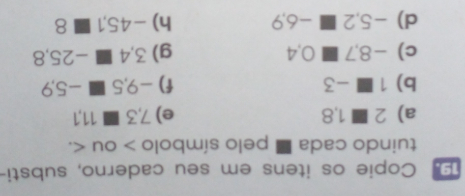 Copie os itens em seu caderno, substi- 
tuindo cada ■ pelo símbolo > ou 2 ■ 1, 8 e) 7, 3 ■ 11, 1
b) 1 ■ -3 f) -9, 5 ■ -5,9
c) -8, 7 0, 4 g) 3, 4 ■ -25, 8
d) -5, 2 ■ -6,9 h) -45, 1 ■ 8