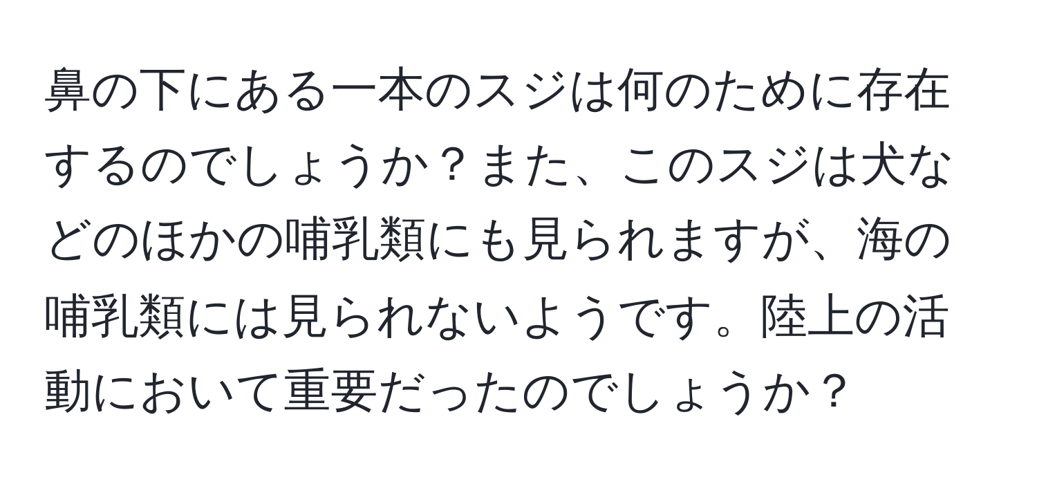 鼻の下にある一本のスジは何のために存在するのでしょうか？また、このスジは犬などのほかの哺乳類にも見られますが、海の哺乳類には見られないようです。陸上の活動において重要だったのでしょうか？