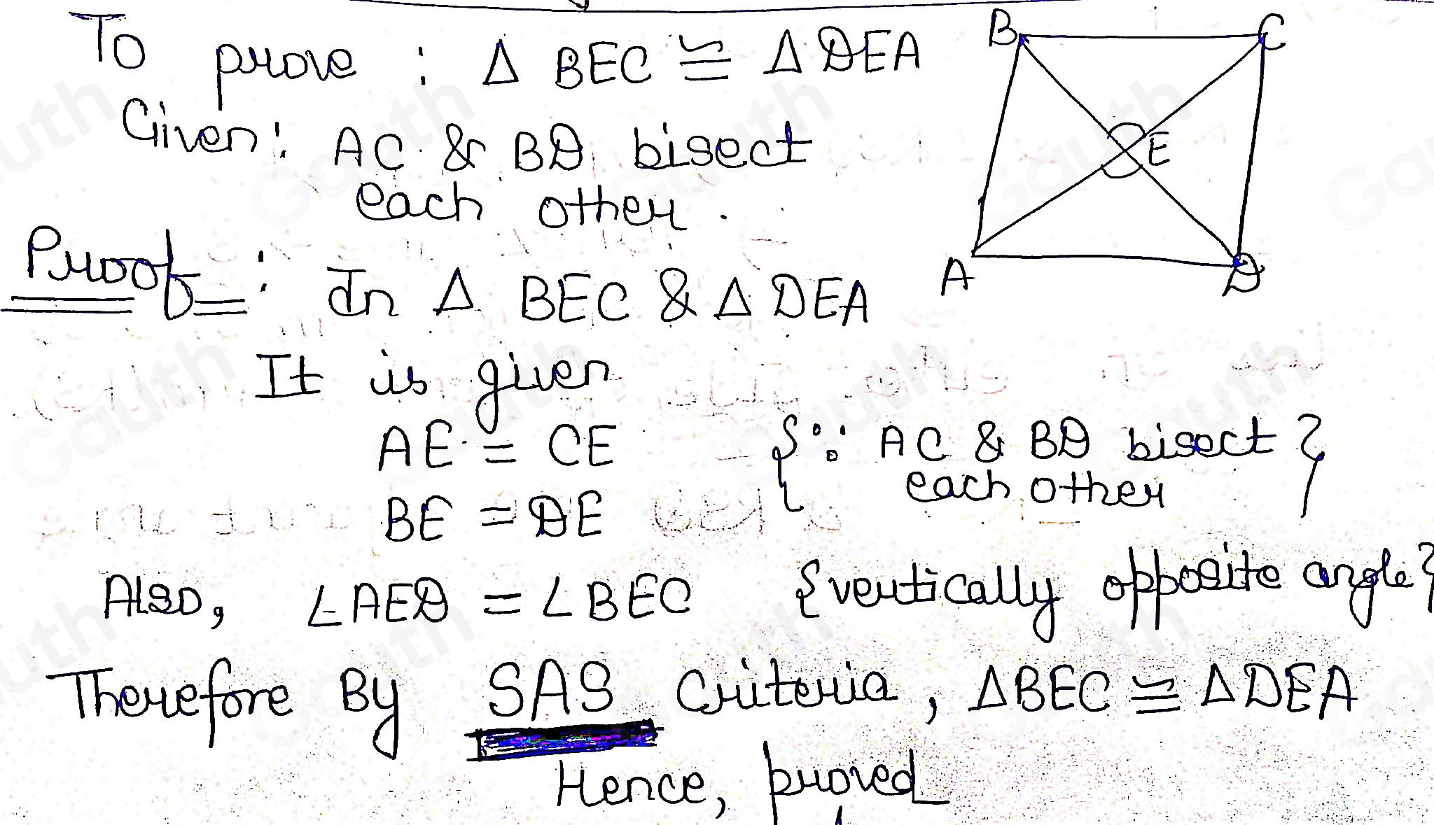 Solved: Given: overline AC and overline BD bisect each other. Prove ...