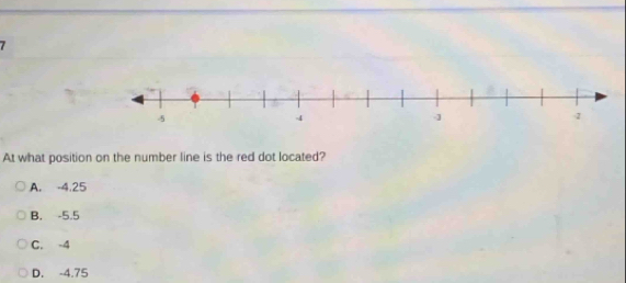 At what position on the number line is the red dot located?
A. -4.25
B. -5.5
C. -4
D. -4.75