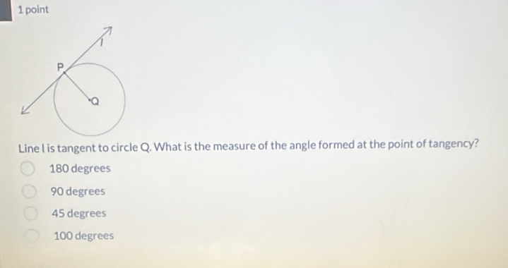 Line I is tangent to circle Q. What is the measure of the angle formed at the point of tangency?
180 degrees
90 degrees
45 degrees
100 degrees