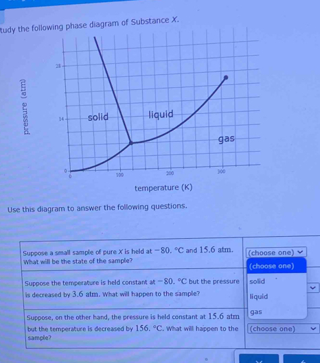 tudy the following phase diagram of Substance X. 
Use this diagram to answer the following questions. 
Suppose a small sample of pure X is held at -80.^circ C and 15.6 atm. (choose one) 
What will be the state of the sample? (choose one) 
Suppose the temperature is held constant at −80. ^circ C but the pressure solid 
is decreased by 3.6 atm. What will happen to the sample? liquid 
Suppose, on the other hand, the pressure is held constant at 15.6 atm gas 
but the temperature is decreased by 156.^circ C. What will happen to the 
sample? (choose one)