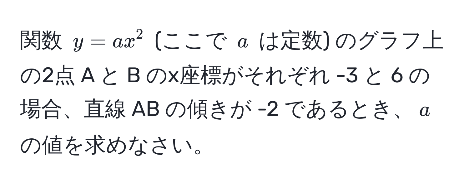 関数 $y = ax^2$ (ここで $a$ は定数) のグラフ上の2点 A と B のx座標がそれぞれ -3 と 6 の場合、直線 AB の傾きが -2 であるとき、$a$ の値を求めなさい。