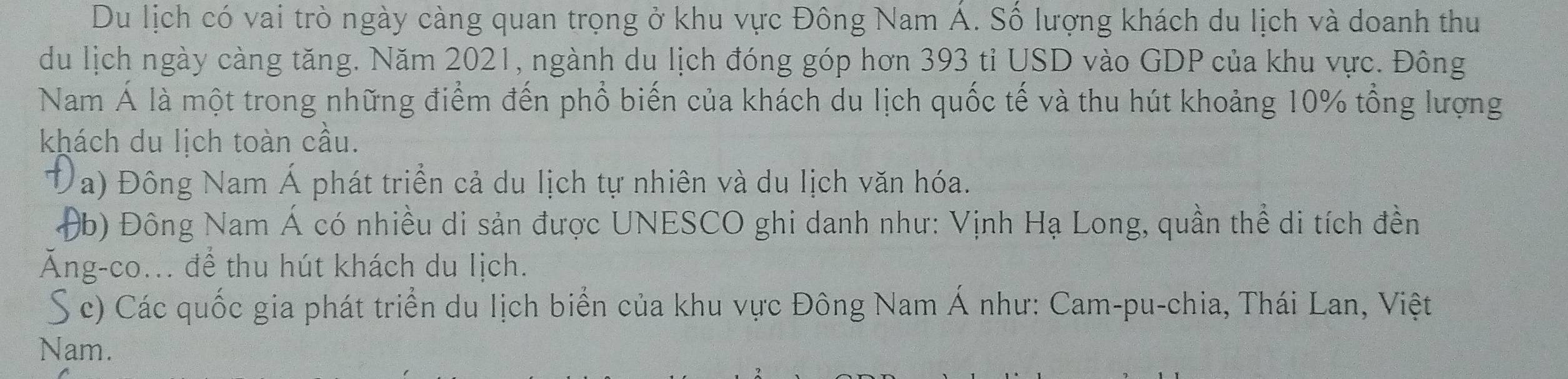 Du lịch có vai trò ngày càng quan trọng ở khu vực Đông Nam Á. Số lượng khách du lịch và doanh thu
du lịch ngày càng tăng. Năm 2021, ngành du lịch đóng góp hơn 393 tỉ USD vào GDP của khu vực. Đông
Nam Á là một trong những điểm đến phổ biến của khách du lịch quốc tế và thu hút khoảng 10% tổng lượng
khách du lịch toàn cầu.
D a) Đông Nam Á phát triển cả du lịch tự nhiên và du lịch văn hóa.
(b) Đông Nam Á có nhiều di sản được UNESCO ghi danh như: Vịnh Hạ Long, quần thể di tích đền
Ăng-co... để thu hút khách du lịch.
S c) Các quốc gia phát triển du lịch biển của khu vực Đông Nam Á như: Cam-pu-chia, Thái Lan, Việt
Nam.