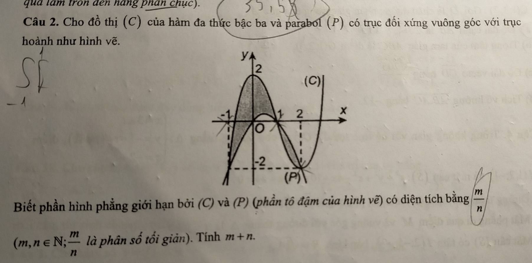 qua lam tron den hang phan chục). 
Câu 2. Cho đồ thị (C) của hàm đa thức bậc ba và parabol (P) có trục đối xứng vuông góc với trục 
hoành như hình vẽ. 
Biết phần hình phẳng giới hạn bởi (C) và (P) (phần tô đậm của hình vẽ) có diện tích bằng  m/n 
(m,n∈ N;  m/n  là phân số tối giản). Tính m+n.