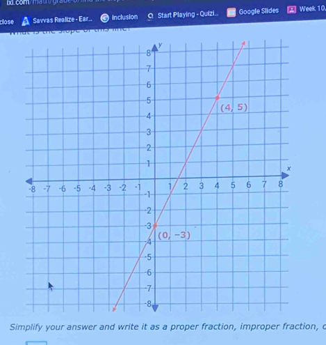 com/mah/gra
close Savvas Realize - Ear.. Inclusion C Start Playing - Quizi... Google Slides Week 10
     
Simplify your answer and write it as a proper fraction, improper fraction, c