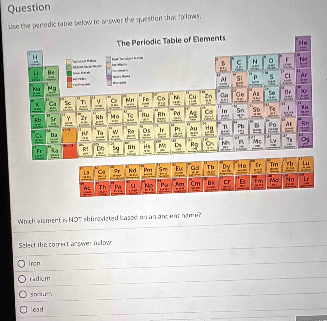 Question
Use the periodic table below to answer the question that follows.
Which element is NOT abbreviated based on an ancient name?
Select the correct answer below:
iron
radium
sodium
lead