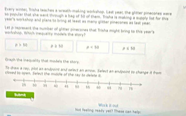 Every winter; Trisha teaches a wreath-making workshop. Last year; the glitter pinecones were
so popular that she went through a bag of 50 of them. Trisha is making a supply list for this
year's workshop and plans to bring at least as many glitter pinecones as last year.
Let a represent the number of glitter pinecones that Trisha might bring to this year's
workshop. Which inequality models the story?
p>80 ρ ≥ 50 rho <50</tex> p≤ 50
Graph the inequality that models the story.
To draw a ray, plot an endpoint and select an arrow. Select an endpoint to change it from
closed to open. Select the middle of the ray to delete it.
Submit
Work it out
Not feeling ready yet? These can help: