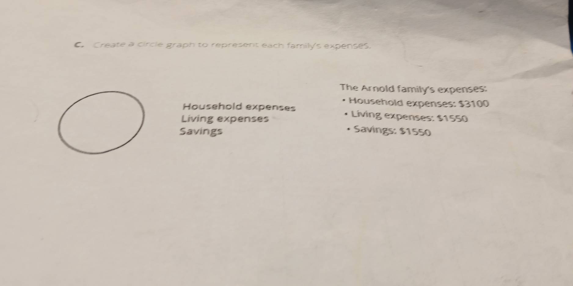 Create a circle graph to represent each family's expenses. 
The Arnold family's expenses: 
Household expenses: $3100
Household expenses Living expenses: $1550
Living expenses 
Savings 
Savings: $1550