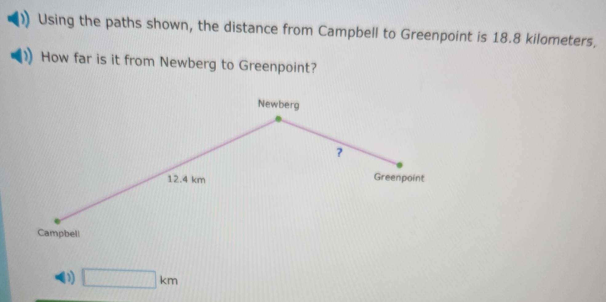 Using the paths shown, the distance from Campbell to Greenpoint is 18.8 kilometers, 
How far is it from Newberg to Greenpoint? 
Newberg 
?
12.4 km Greenpoint 
Campbell 
D □ km