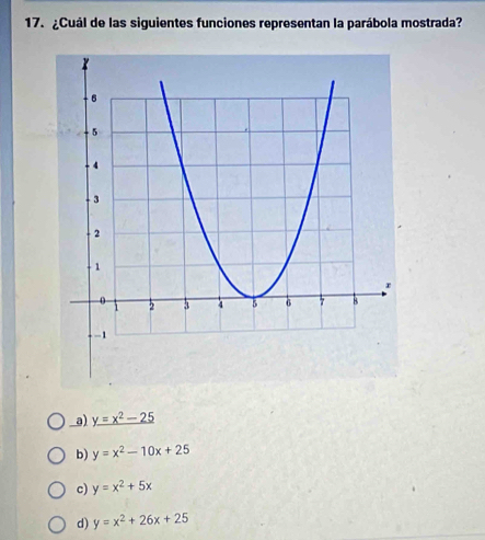 ¿Cuál de las siguientes funciones representan la parábola mostrada?
a) y=x^2-25
b) y=x^2-10x+25
c) y=x^2+5x
d) y=x^2+26x+25