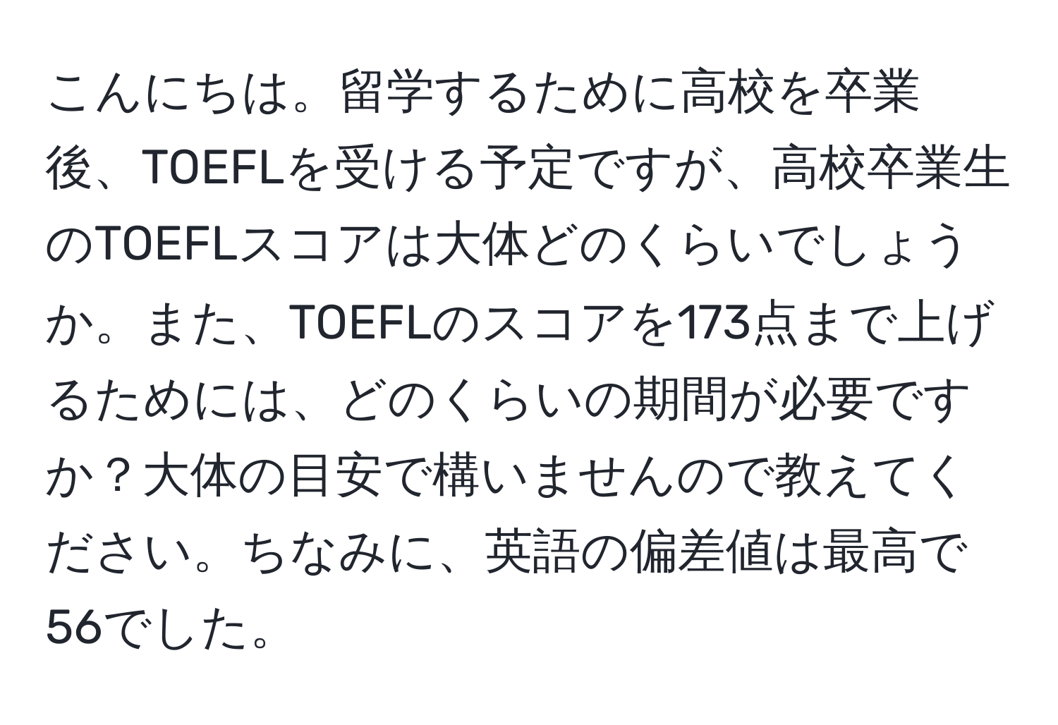 こんにちは。留学するために高校を卒業後、TOEFLを受ける予定ですが、高校卒業生のTOEFLスコアは大体どのくらいでしょうか。また、TOEFLのスコアを173点まで上げるためには、どのくらいの期間が必要ですか？大体の目安で構いませんので教えてください。ちなみに、英語の偏差値は最高で56でした。