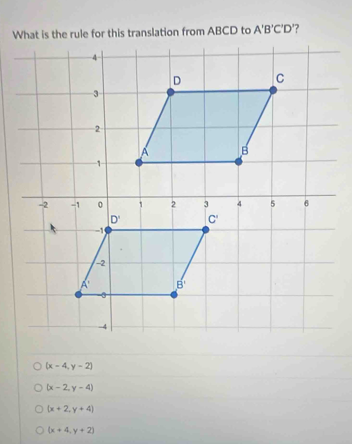 A'B'C'D' '?
(x-4,y-2)
(x-2,y-4)
(x+2,y+4)
(x+4,y+2)