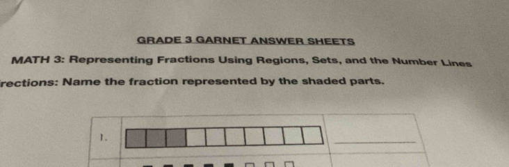 GRADE 3 GARNET ANSWER SHEETS 
MATH 3: Representing Fractions Using Regions, Sets, and the Number Lines 
rections: Name the fraction represented by the shaded parts. 
1. 
_