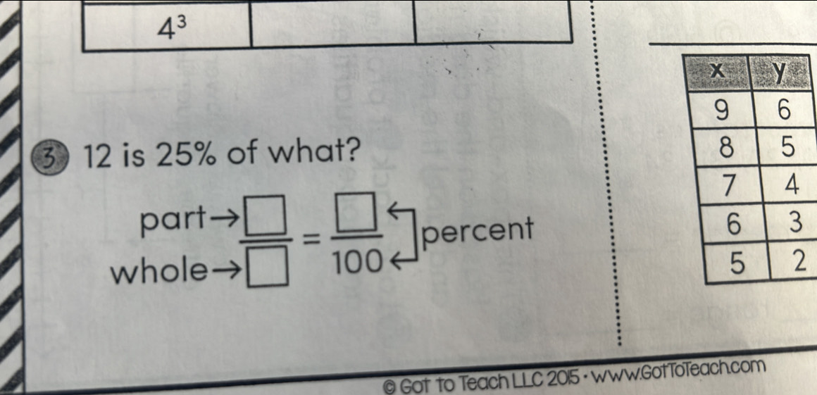 4^3
3) 12 is 25% of what?
 □ /□  = □ /100 □ percent
part 
whole
@ Got to Teach LLC 2015 · www.GotToTeach.com