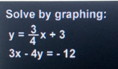 Solve by graphing:
y= 3/4 x+3
3x-4y=-12