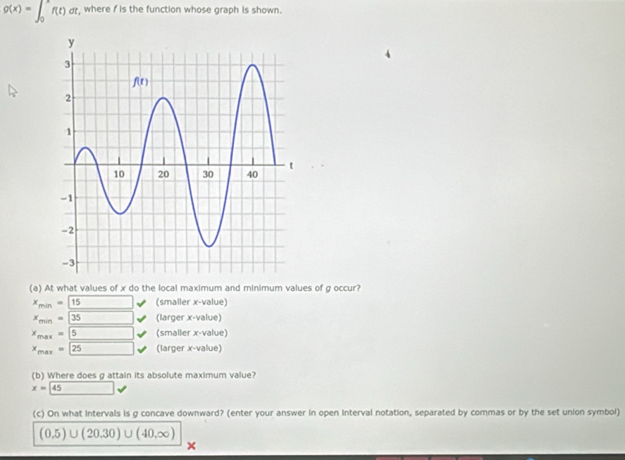 g(x)=∈t _0^(xf(t)dt where f is the function whose graph is shown.
(a) At what values of x do the local maximum and minimum values of g occur?
x_min)= 15 □ (smaller x-value)
x_min= 35 (larger x-value)
x_max=5 (smaller x-value)
x_max=25 (larger x-value)
(b) Where does g attain its absolute maximum value?
x=45
(c) On what intervals is g concave downward? (enter your answer in open interval notation, separated by commas or by the set union symbol)
(0.5)∪ (20.30)∪ (40,∈fty )