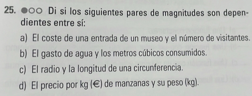 ●○○ Di si los siguientes pares de magnitudes son depen-
dientes entre sí:
a) El coste de una entrada de un museo y el número de visitantes.
b) El gasto de agua y los metros cúbicos consumidos.
c) El radio y la longitud de una circunferencia.
d) El precio por kg (€) de manzanas y su peso (kg).