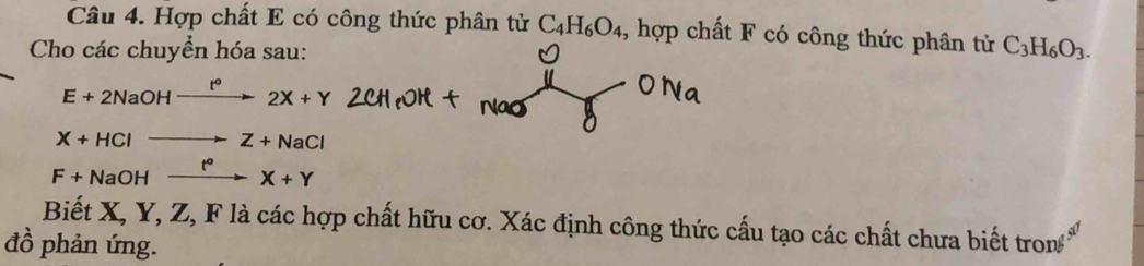 Hợp chất E có công thức phân tử C_4H_6O_4 , hợp chất F có công thức phân từ C_3H_6O_3. 
Cho các chuyển hóa sau:
E+2NaOHxrightarrow t°2X+Y
X+HClto Z+NaCl
F+NaOHxrightarrow t^oX+Y
Biết X, Y, Z, F là các hợp chất hữu cơ. Xác định công thức cấu tạo các chất chưa biết tron 
đồ phản ứng.