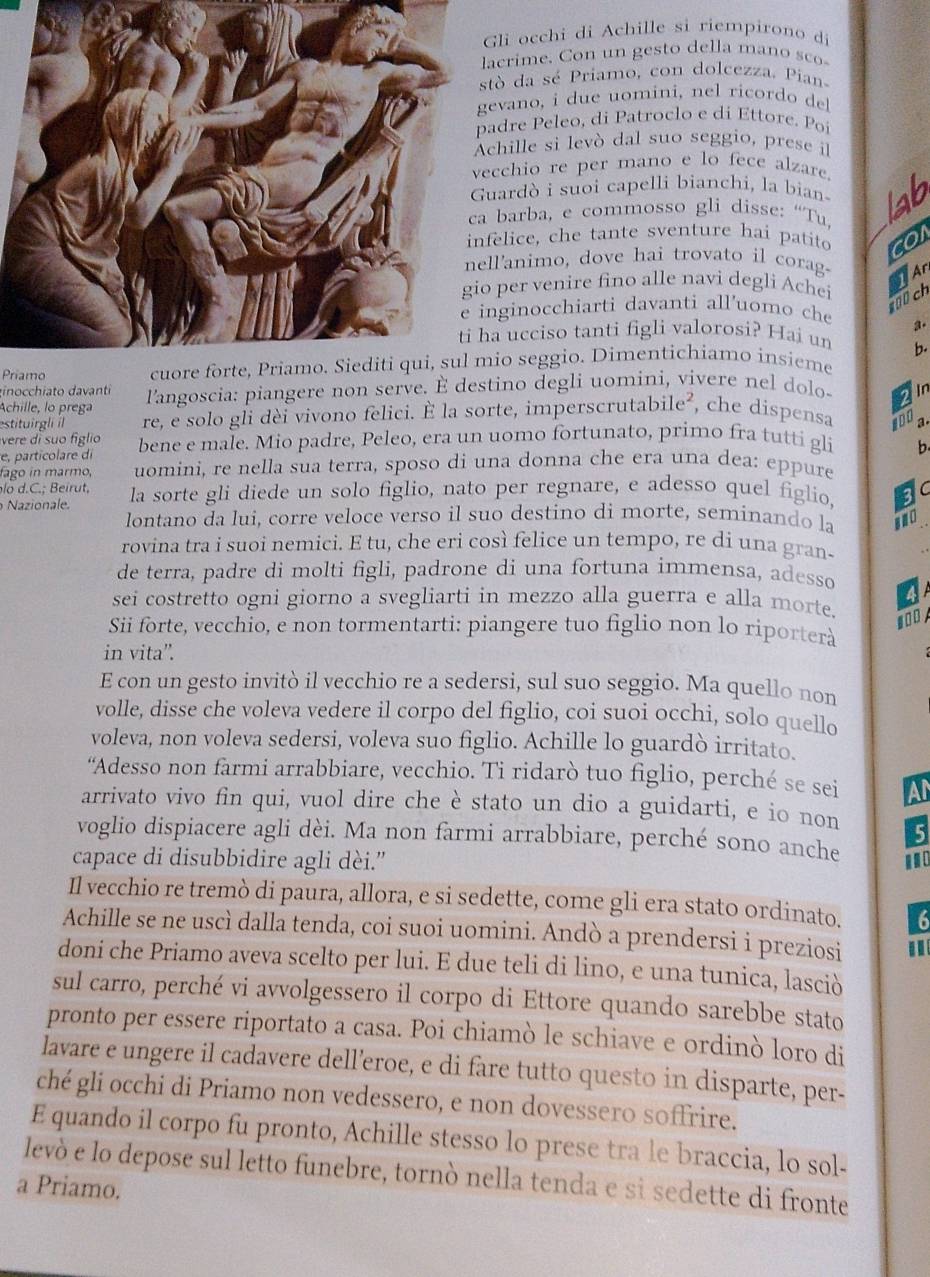 occhi di Achille si riempirono di
rime. Co n  n ges o del la ma    
da sé Priamo, con dolcezza. Pian
ano, i du e uomini, nel  ricor   d
dre Peleo, di Patroclo e di Ettore. Poi
ille si levò dal suo seggio, prese il
chio re per mano e lo fece alzare.
ardò i suoi capelli bianchi, la bian-
arba, e commosso gli disse: “Tu
lice, che tante sventure hai patito co
animo, dove hai trovato il corag-  A
per venire fino alle navi degli Achei
0 ch
ginocchiarti davanti all'uomo che a.
ucciso tanti figli valorosi? Hai un b.
Priamoo seggio. Dimentichiamo insieme
inocchiato davanti
2
Achille, lo prega  l'angoscia: piangere non serve. È destino degli uomini, vivere nel dolo- In
estituirgli il re, e solo gli dèi vivono felici. È la sorte, imperscrutabile², che dispensa 100 a.
vere di suo figli 
e, particolare di bene e male. Mio padre, Peleo, era un uomo fortunato, primo fra tutti gli h
fago in marmo, uomini, re nella sua terra, sposo di una donna che era una dea: eppure
lo d.C.; Beirut,
Nazionale. la sorte gli diede un solo figlio, nato per regnare, e adesso quel figlio. 3  C 
lontano da lui, corre veloce verso il suo destino di morte, seminando la and
rovina tra i suoi nemici. E tu, che eri così felice un tempo, re di una gran-
de terra, padre di molti figli, padrone di una fortuna immensa, adesso
sei costretto ogni giorno a svegliarti in mezzo alla guerra e alla morte.
Sii forte, vecchio, e non tormentarti: piangere tuo figlio non lo riporterà
in vita''.
E con un gesto invitò il vecchio re a sedersi, sul suo seggio. Ma quello non
volle, disse che voleva vedere il corpo del figlio, coi suoi occhi, solo quello
voleva, non voleva sedersi, voleva suo figlio. Achille lo guardò irritato.
“Adesso non farmi arrabbiare, vecchio. Ti ridarò tuo figlio, perché se sei Al
arrivato vivo fin qui, vuol dire che è stato un dio a guidarti, e io non 5
voglio dispiacere agli dèi. Ma non farmi arrabbiare, perché sono anche
capace di disubbidire agli dèi.”
Il vecchio re tremò di paura, allora, e si sedette, come gli era stato ordinato. 6
Achille se ne uscì dalla tenda, coi suoi uomini. Andò a prendersi i preziosi
doni che Priamo aveva scelto per lui. E due teli di lino, e una tunica, lasciò
sul carro, perché vi avvolgessero il corpo di Ettore quando sarebbe stato
pronto per essere riportato a casa. Poi chiamò le schiave e ordinò loro di
lavare e ungere il cadavere dell’eroe, e di fare tutto questo in disparte, per-
ché gli occhi di Priamo non vedessero, e non dovessero soffrire.
E quando il corpo fu pronto, Achille stesso lo prese tra le braccia, lo sol-
levò e lo depose sul letto funebre, tornò nella tenda e sì sedette di fronte
a Priamo.