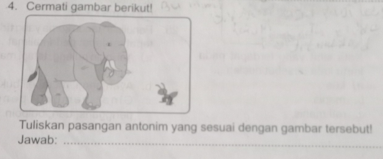 Cermati gambar berikut! 
Tuliskan pasangan antonim yang sesuai dengan gambar tersebut! 
Jawab:_