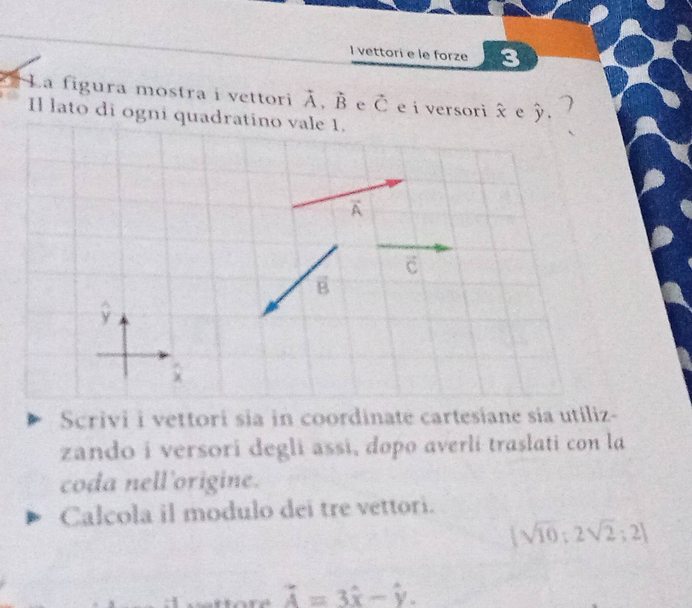 vettori e le forze 3
La figura mostra i vettori hat A,hat B e vector C e í versori + e hat y.
Il lato di ogni quad
Scrivi i vettori sia in coordinate cartesiane sia utiliz-
zando i versori degli assɨ, dopo averli traslati con la
coda nell'origine.
Calcola il modulo dei tre vettori.
(sqrt(10):2sqrt(2):2]
vector A=3hat x-hat y.