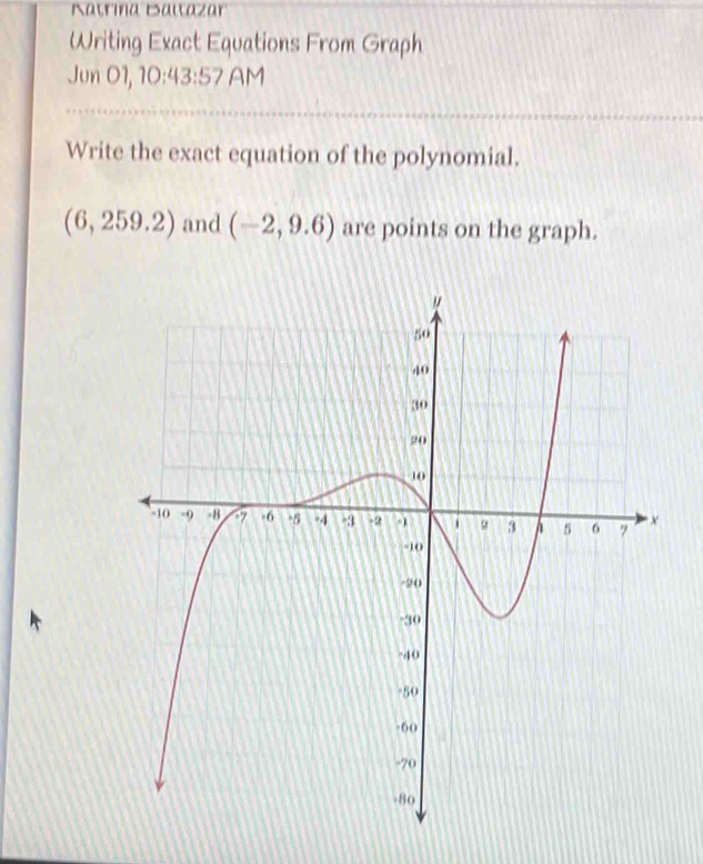 Katrina Baitazar 
Writing Exact Equations From Graph 
Jon01,10:43:57 AM 
Write the exact equation of the polynomial.
(6,259.2) and (-2,9.6) are points on the graph.