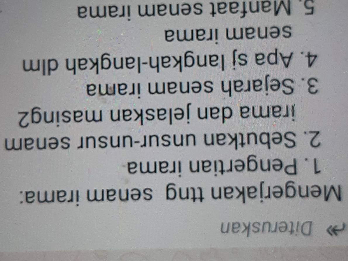 Diteruskan 
Mengerjakan ttng senam irama: 
1. Pengertian irama 
2. Sebutkan unsur-unsur senam 
irama dan jelaskan masing2 
3. Sejarah senam irama 
4. Apa sj langkah-langkah dlm 
senam irama 
5. Manfaat senam irama
