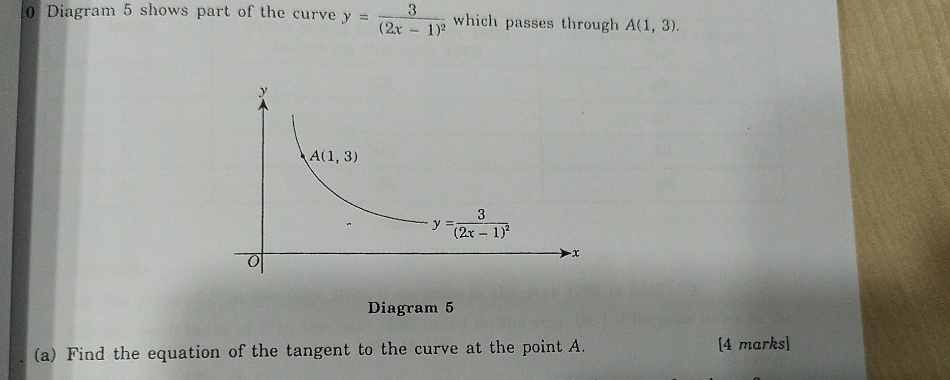 Diagram 5 shows part of the curve y=frac 3(2x-1)^2 which passes through A(1,3).
Diagram 5
(a) Find the equation of the tangent to the curve at the point A. [4 marks]