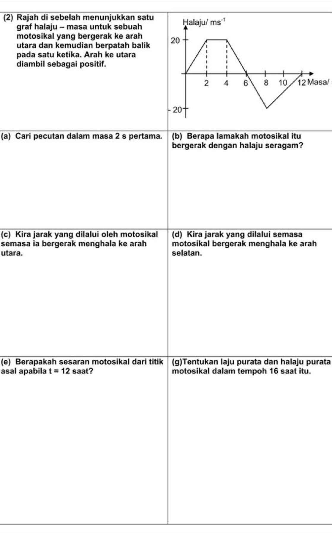 (2) Rajah di sebelah menunjukkan satu 
graf halaju - masa untuk sebuah
motosikal yang bergerak ke arah
utara dan kemudian berpatah balik
pada satu ketika. Arah ke utara
diambil sebagai positif.
12 Masa/
(a) Cari pecutan dalam masa 2 s pertama. (b) Berapa lamakah motosikal itu
bergerak dengan halaju seragam?
(c) Kira jarak yang dilalui oleh motosikal (d) Kira jarak yang dilalui semasa
semasa ia bergerak menghala ke arah motosikal bergerak menghala ke arah
utara. selatan.
(e) Berapakah sesaran motosikal dari titik (g)Tentukan laju purata dan halaju purata
asal apabila t=12 saat? motosikal dalam tempoh 16 saat itu.