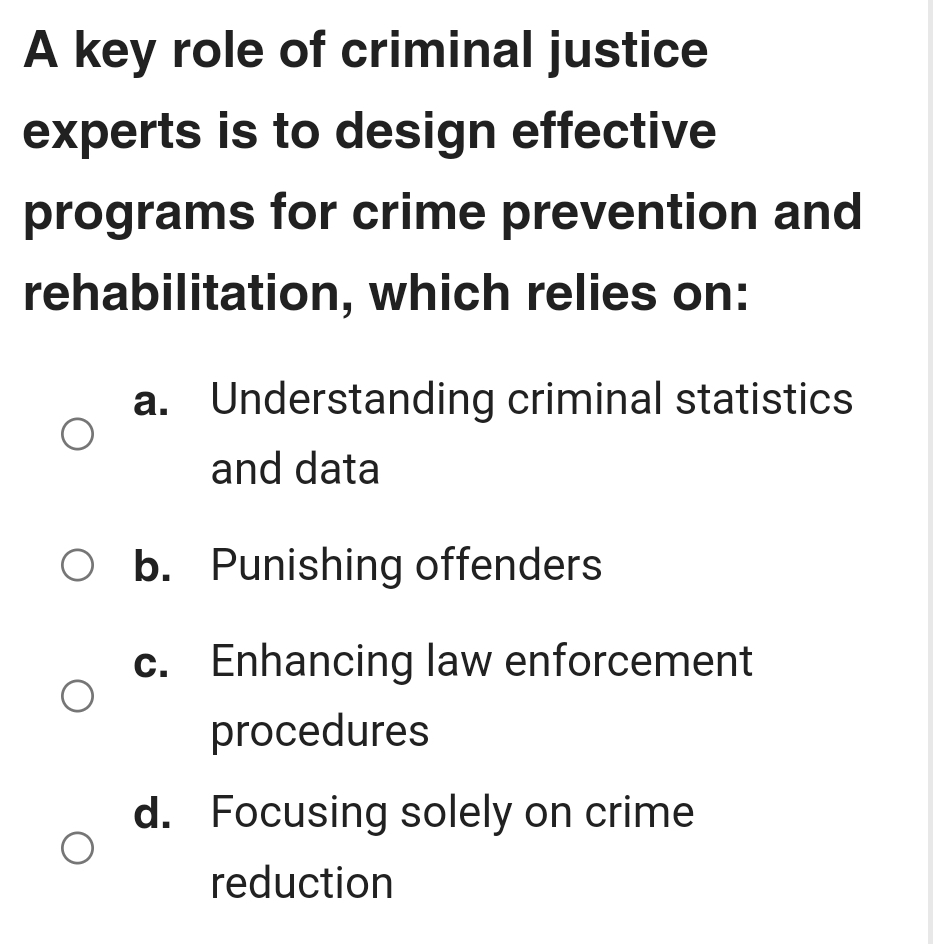 A key role of criminal justice
experts is to design effective
programs for crime prevention and
rehabilitation, which relies on:
a. Understanding criminal statistics
and data
b. Punishing offenders
c. Enhancing law enforcement
procedures
d. Focusing solely on crime
reduction