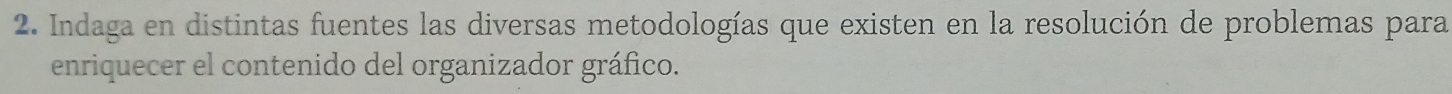 Indaga en distintas fuentes las diversas metodologías que existen en la resolución de problemas para 
enriquecer el contenido del organizador gráfico.