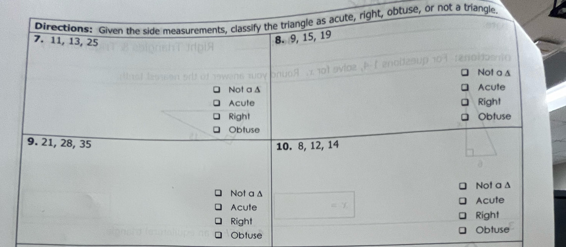 obtuse, or not a triangle.
Obtuse